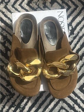 JW Anderson Brown Suede Mule Sandals with Gold Chain Accent